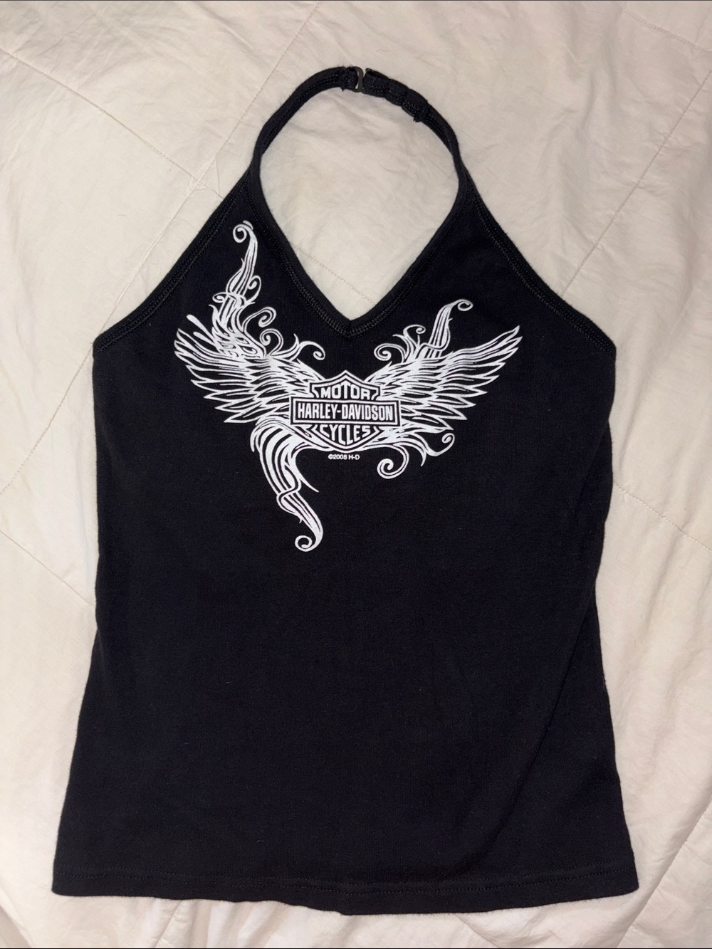 Y2K Harley Davidson Black Halter Top White Wing Logo